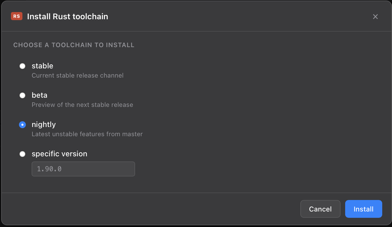 Install Rust toolchain dialog with radio buttons for stable, beta, nightly, and a specific version field