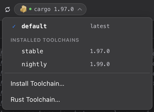 Toolchain picker dropdown showing default, installed stable and nightly toolchains, and install/manage actions